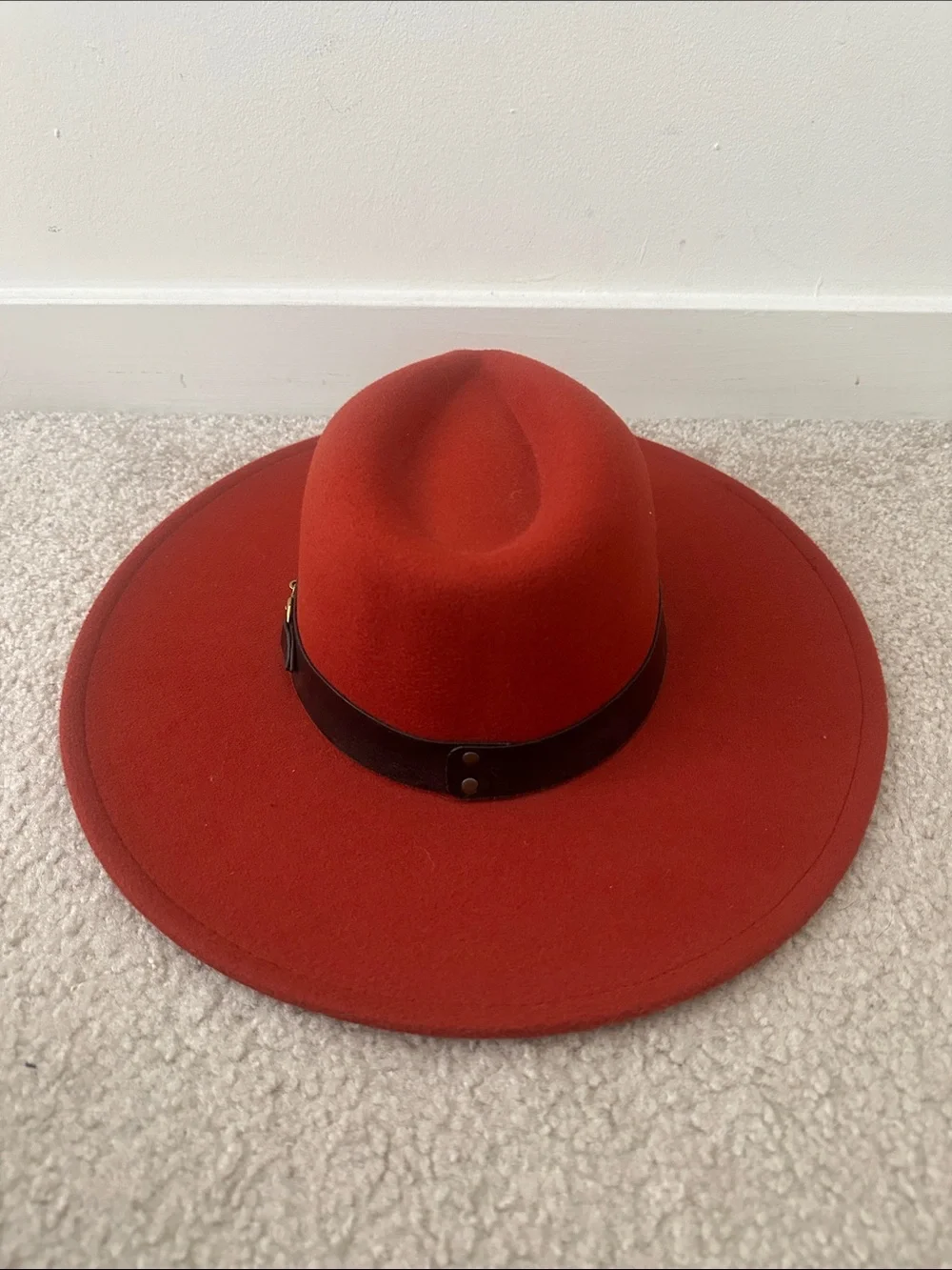 Red Wide Brim Wool Fedora Hat with Leather Band